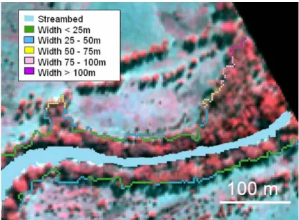 Figure 7: Riparian zone width estimation. Pixels representing the edge of the riparian zone are presented  in different colours according to their distance to the streambed