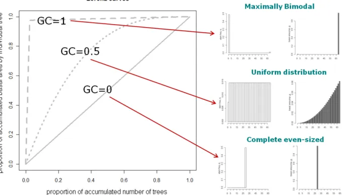 Figure  1  summarizes  the  relation  between  the Lorenz curve and the GC. In the Lorenz plot, the  di-agonal line represents a situation of complete  equali-ty, in which the relative difference between the PDF and the weighted PDF is zero, and hence GC=0