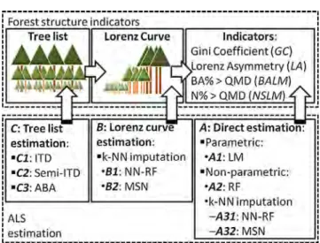 Fig. 1. Flowchart describing the procedure for deriving indicators of forest structure based on Lorenz ordering (above), and how the alternatives considered for their estimation by ALS remote sensing (below) relate to each step of this process