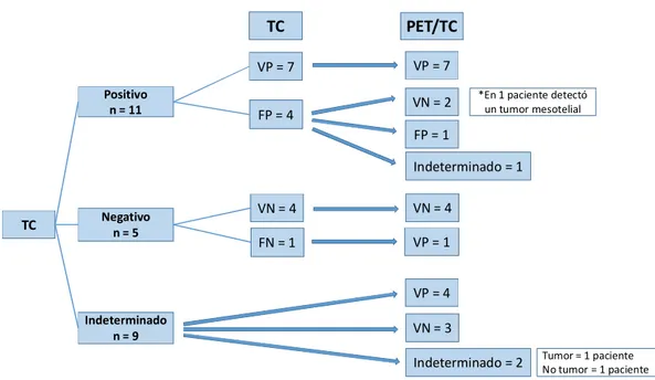 Figura 5. Resultados de la exploración PET-TC comparados con los informes de la TC previa.