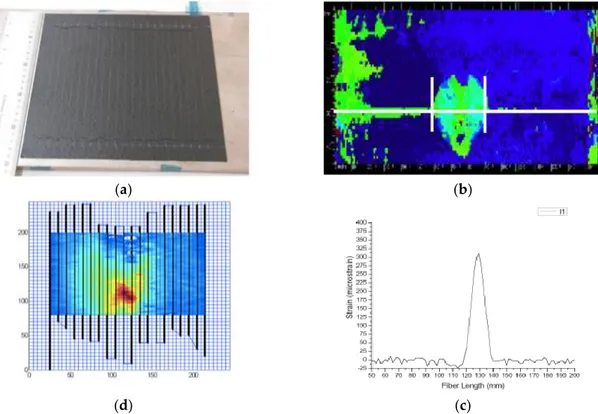 Figure  2.  Detection  of  delamination  caused  by  impact.  (a)  Composite  laminate  with  optical  fiber 