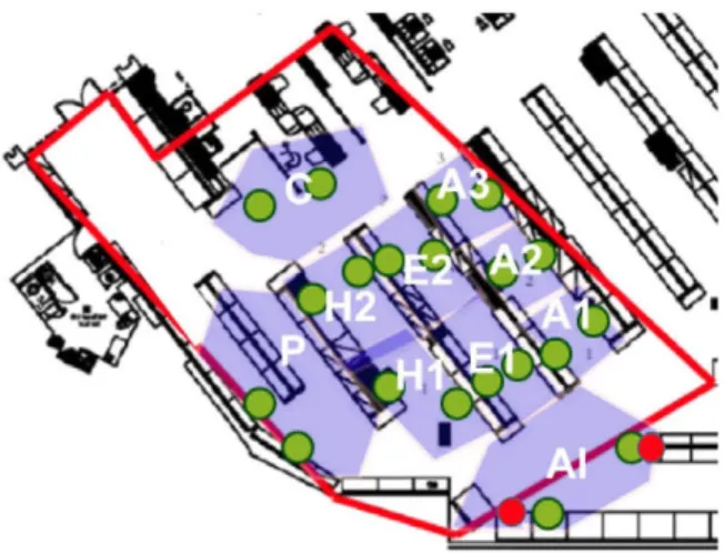 Fig. 2. Area to cover with the location system. PoI (point of interest)  for proximity zones are in red, while green dots represent the position  of the beacons