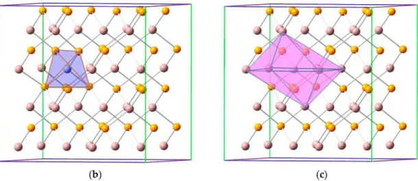 Figure 2. (a) Crystal structure of TM@InP along with main bond distances; (b) transition metals (TM)  in a tetrahedral environment; (c) TM in an octahedral environment