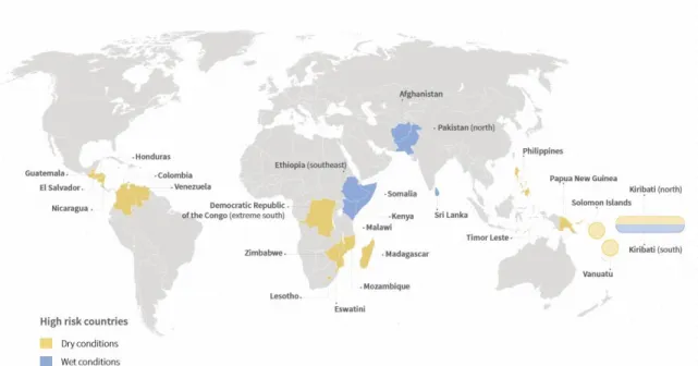 Gráfico 6: Condiciones climáticas del niño, periodo octubre 2018- abril 2019 (Food and  Agriculture Organization of the United Nations, 2019) 