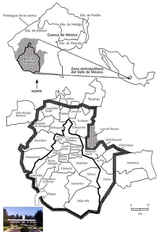 Figura 1. Ubicación de las delegaciones políticas en que está dividido el Distrito Federal y su ubicación con