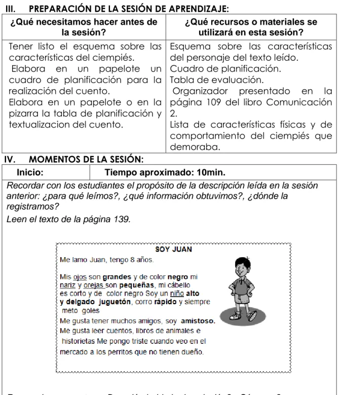 Cuadro de planificación.   Tabla de evaluación. 