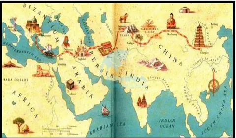 Figura 5. Mapa ilustrado de las aventuras de Marco Polo donde se distingue la Ruta de la Seda desde 
