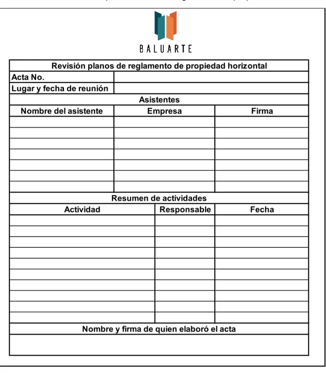 Tabla 10: Formato del acta para revisión del reglamento de propiedad horizontal 