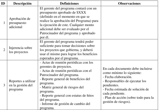 Tabla 11. Plan de Gobierno propuesto para el Programa 