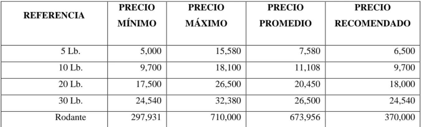 Tabla 3. Precios vigentes en el mercado de extintores en Pereira y Dosquebradas  