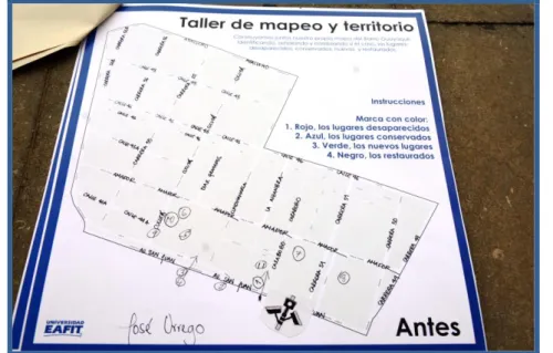 Foto 4. Mapa intervenido por José Urrego en el taller de mapeo y territorio  Numeración de los espacios desaparecidos, conservados, nuevos, restaurados 