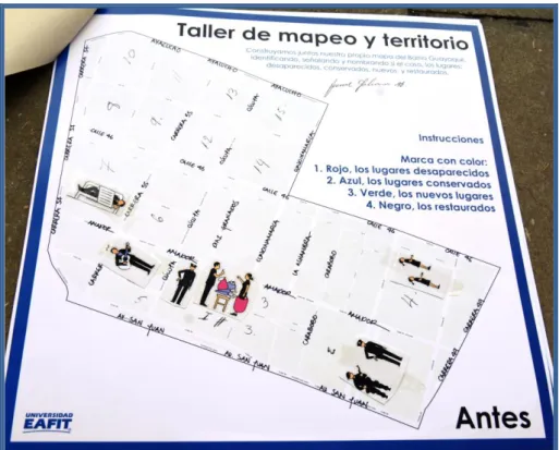 Foto 7. Mapa intervenido por Jaime Galeano en el taller de mapeo y territorio  Numeración de los espacios desaparecidos, conservados, nuevos, restaurados 