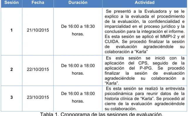 Tabla 1. Cronograma de las sesiones de evaluación. 