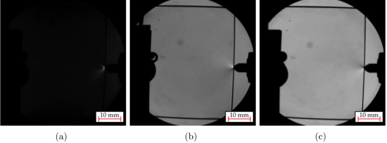Figura 3-11: Im´ agenes obtenidas al iluminar la ventana ´ optica con polarizaci´ on horizontal y analizar polarizaci´ on vertical (a), circular derecha (b) y circular izquierda (c).