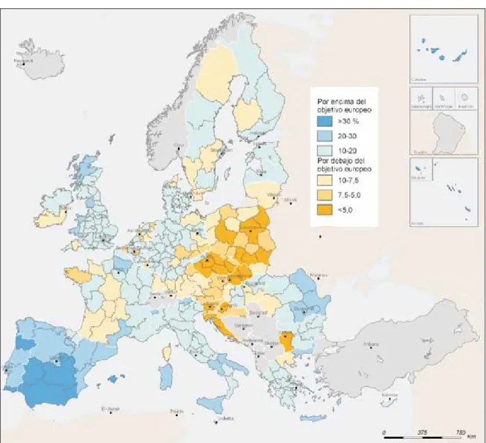 Fig. 10. Tasa regional de abandono escolar prematuro sobre la población de 18 a 24 años, 2010. Elaboración propia. Fuente: Eurostat 2012.