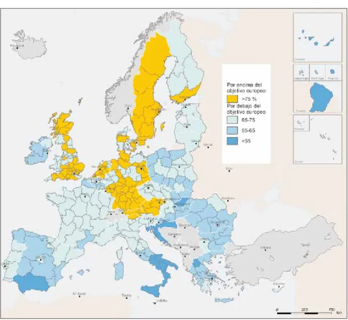 Fig. 13. Porcentaje de población activa sobre el total regional entre 20 y 64 años, 2011. Elaboración propia. Fuente: Eurostat 2012.