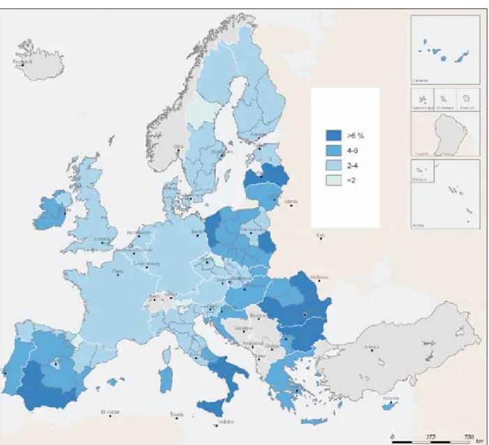 Fig. 14. Distancia en porcentaje de la población en riesgo de pobreza o exclusión social en 2010, en relación con la población fijada como objetivo  europeo para 2020 en cada unidad territorial. Elaboración propia. Fuente: Eurostat 2012.