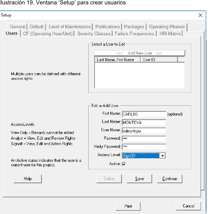 Ilustración 19. Ventana ‘Setup’ para crear usuarios 