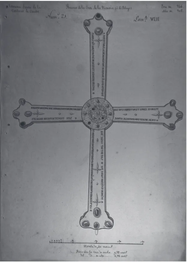 Fig. 2- Reverso de la Cruz de la Victoria. Dibujo de Ciriaco Miguel Vigil (Archivo del Museo Arqueológico de Asturias).