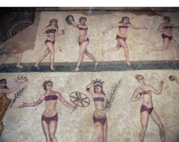 Figura 1   Representación de mujeres practicando deportes en  un mosaico de la villa romana de Casale, Sicilia, año 300 a