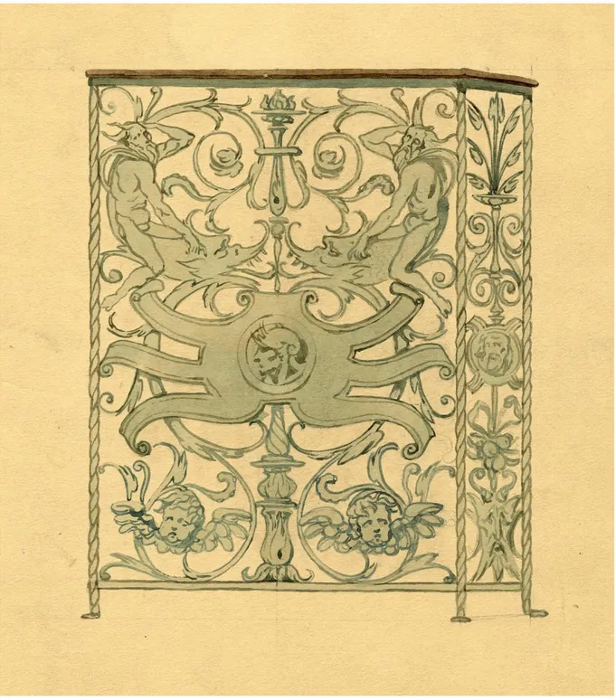 Fig. 1. Diseño de cubrerradiador de estilo neorrenacentista, 1920-1923. Tinta y acuarela