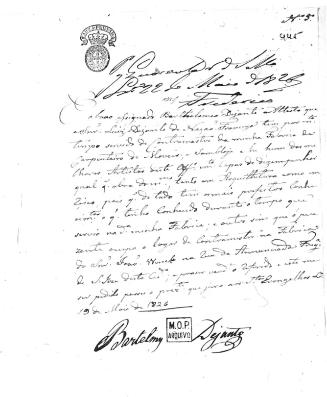 Fig. 6. Atestado passado a Luís Dejante por Pedro Bartolomeu Dejante, 1826. BAHOP, JC-8, Móveis, fl