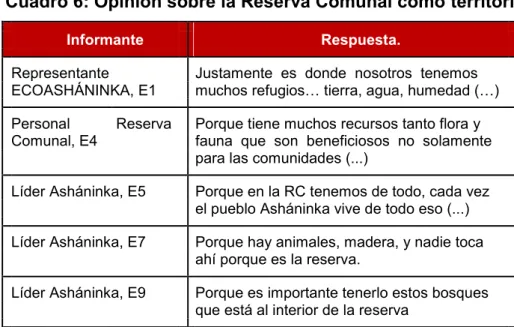 Cuadro 6: Opinión sobre la Reserva Comunal como territorio 