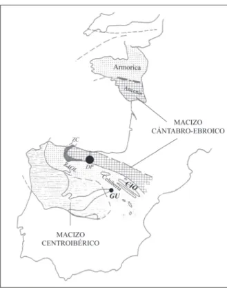 Figura 1.  La gran cuenca Iberoarmoricana durante el Devóni- Devóni-co Inferior y sus áreas-fuente