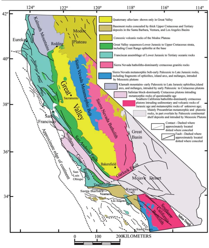 Figure 1. Simplified geological map of California (modified after Irwin, 1990 and references therein).