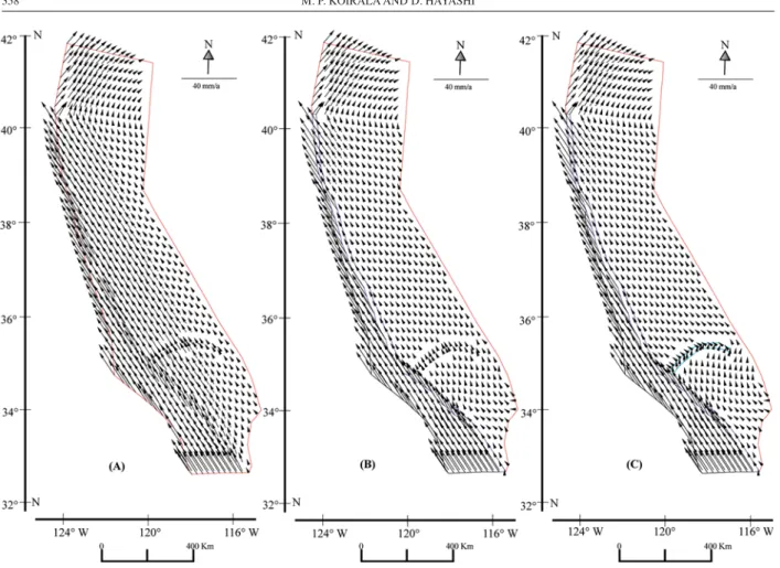 Figure 8. Velocity vectors at 500 m displacement for models (A), (B), and (C) respectively.