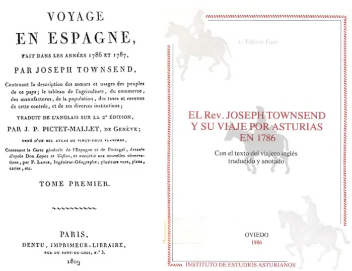 Figura 9. Portada de la traducción francesa de Pictet-Mallet (izquierda) y del libro de Tolivar Faes referido a la parte asturiana de su viaje.