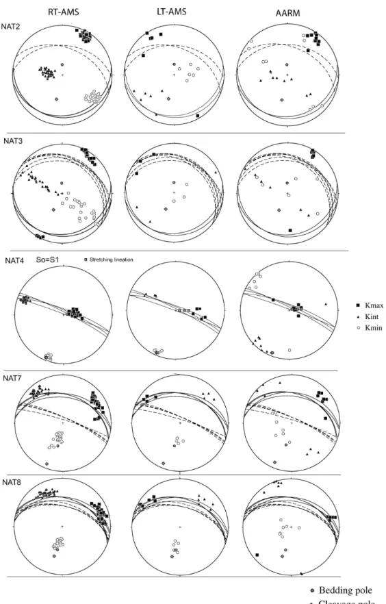 Figure 3. Examples of stereographic projections of the axes of the magnetic ellipsoids