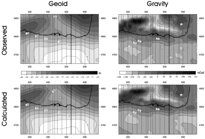 Figure 2 shows the observed and computed geoidal undulations and gravity anomalies over the 3D model