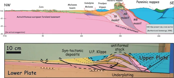 Figure 2. Sandbox experiment showing the impact of erosion, sedimentation and of the structural heritage characterizing a thinned continental margin on the structure of a mountain belt