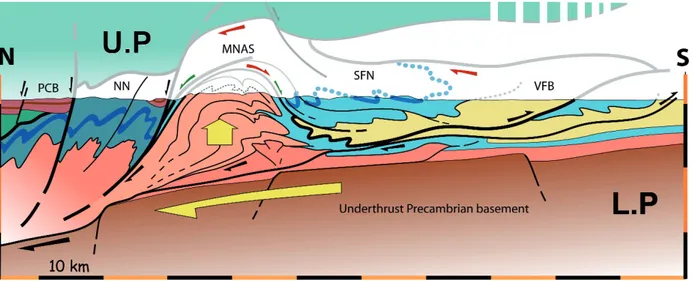 Figure 3. Interpretive section of the Montagne Noire involving underplating of gneissic nappes under the Paleozoic cover nappes of the upper-plate (U.P)