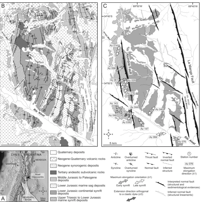 Figure 1. A) Location map (FTB: fold and thrust belt), B) geologic map of the study area, modified from Giambiagi et al