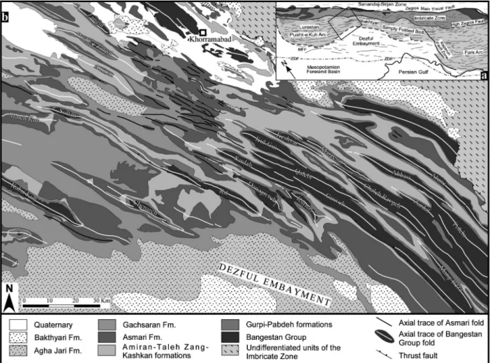 Figure 1. (a) Tectonic sketch of the Zagros range, (b) geological map of the studied area obtained from NIOC geological maps and