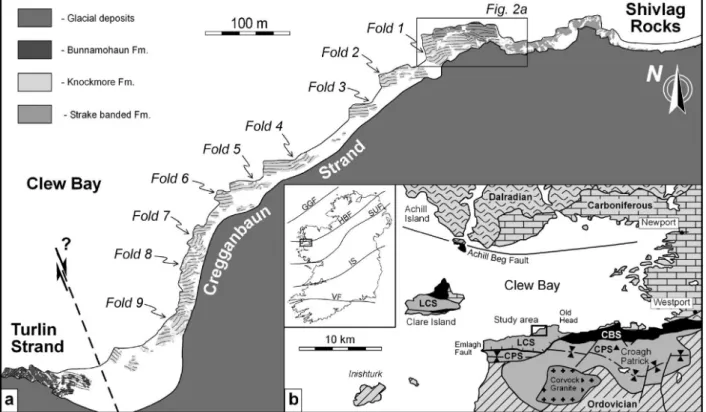 Figure 1. (a) Simplified geological map of the study area. Location of Fig. 2a is shown, (b) summary geology of the Clew Bay area and