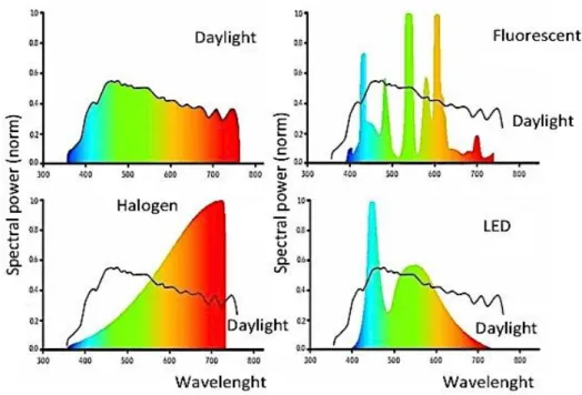 Figura 4. Comparación del espectro de frecuencias de la luz solar y de tres tipos de luminarias 