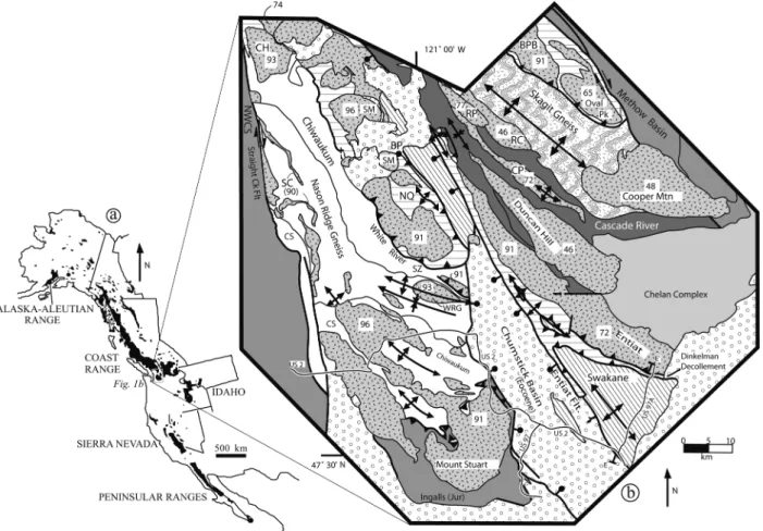 Figure 1. (a) Regional map showing location of the Cascades crystalline core (gray rectangle, detailed in figure 1b) relative to the