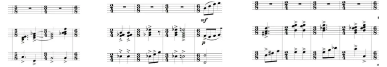 Ilustración 10: Transiciones del piano, compases 17 al 18, 30 al 33 y 86 al 89.  
