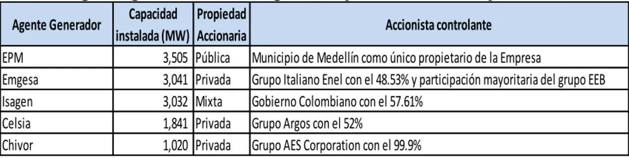 Tabla 9: Agentes generadores de energía con capacidad instalada superior a 1.000 MW. 