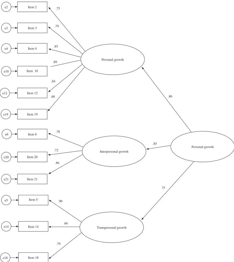 Figure 1. Initial confi rmatory standardized solution for the hierarchical model of the 12-item PTGI