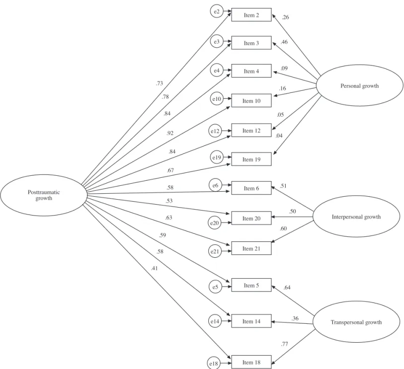 Figure 2. Initial confi rmatory standardized solution for the bifactor model of the 12-item PTGI