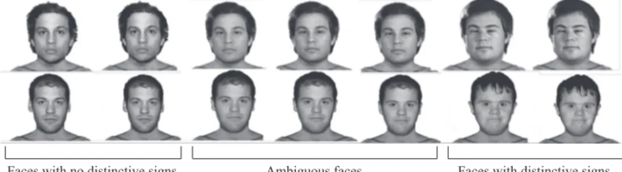 Figure 3. Selected exemplars of a continuum of morphed typical human/Down syndrome faces