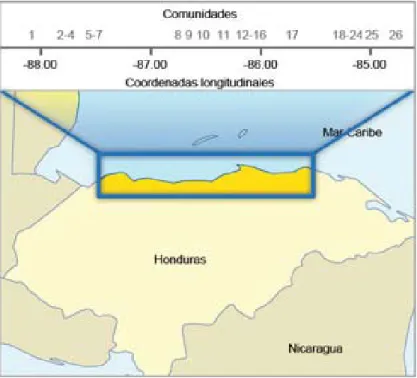 Figura 1  Ubicación geográfi ca y coordenadas longitudinales aproximadas  de las comunidades estudiadas distribuidas a lo largo de la línea costera de  Honduras