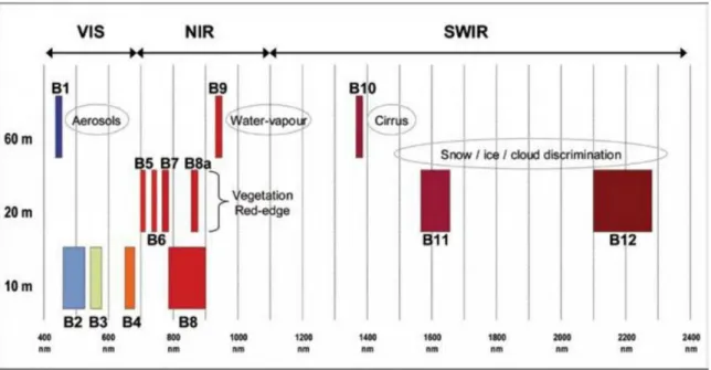 Figura 1. Bandes espectrals del sensor MSI del satèl·lit Sentinel-2 