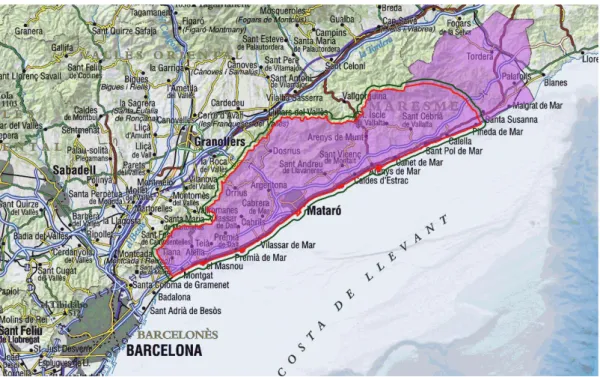 Figura 5. Superposició de l’àrea d’estudi (en vermell) amb la comarca d’El Maresme (ombrejat rosa) i  buffer  de treball (en verd fosc) 