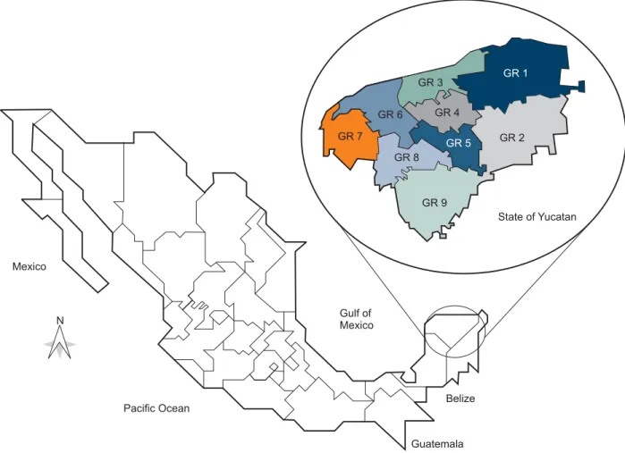 Figure 1 Geographical regions (GR) as designated by the INEGI within Yucatan state, Mexico: GR1, East Coast; GR2, East; GR3, Central Coast; GR4, Centre; GR5: South Central; GR6, Metropolitan Area; GR7, West Coast; GR8, Southwest; and GR9, South.