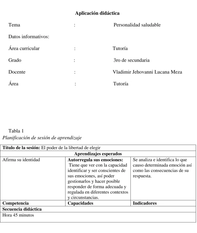 Tabla 1                                                                                                                            Planificación de sesión de aprendizaje 